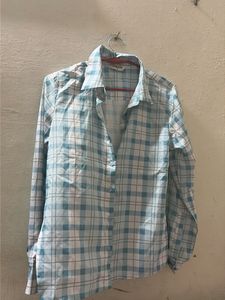 Side Slit Blue and White Plaid Button-Up Shirt