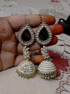 Elegant White Jhumka Earrings with Pearls