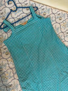 Teal Blue Checked Cotton Kurta