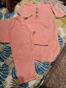 woolen Peach Velvet Kurta Set
