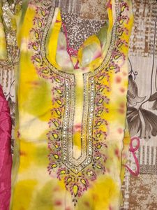 Yellow Kurta Set with Embellished Neckline