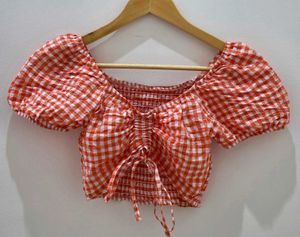 Charming Orange Gingham Puff Sleeve Crop Top
