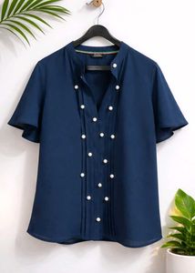 Navy Blue Pearl Detail Top – Size L