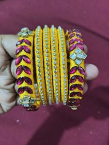Yellow Silk Bangles with Kundan & Rhinestones