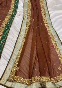 Embroidered Brown Saree with Embellishments