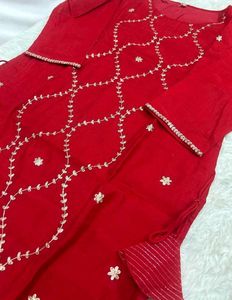 Vibrant Red Kurta Set with Gold Embroidery