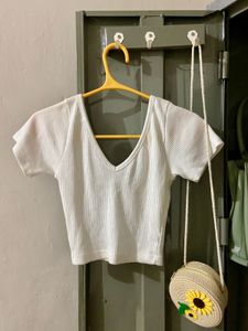 White Ribbed V-Neck Tee