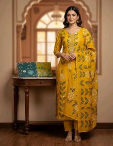 Yellow Floral Print Kurta Set with Dupatta