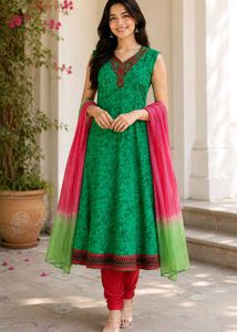 Emerald Green & Crimson Red Anarkali Suit Set
