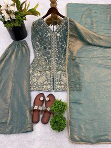 Elegant Green Embroidered Kurta Sharara Set