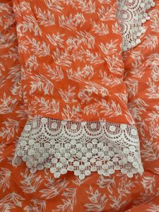 Orange Printed Kurta with White Lace Detail
