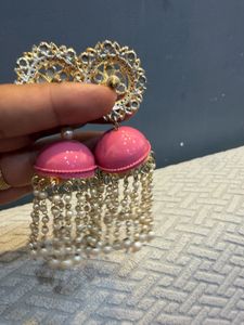 Pink Jhumka Earrings with Pearls