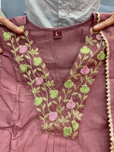 Mauve Embroidered Mul Chanderi Suit Set