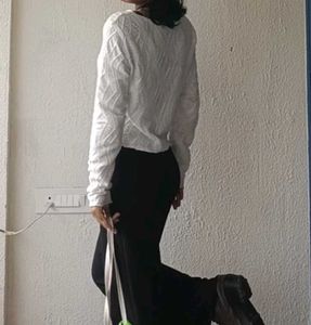 White Textured Long Sleeve Top