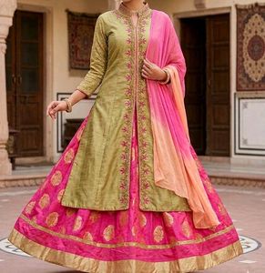 Royal Gold & Pink Indo-Western Lehenga Choli Set �