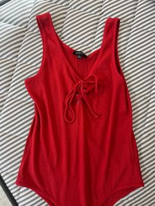 Vibrant Red Lace-Up Ribbed Bodysuit