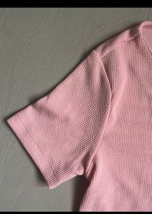 Pink Ribbed V-Neck Button-Up Top
