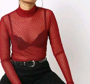 Red Polka Dot Mesh Top