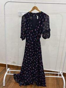 Navy Blue Floral Wrap Maxi Dress