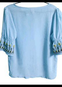 Light Blue Embroidered Sleeve Top