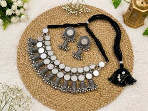Oxidised Mirror Work Necklace Set