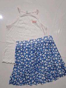 White Ribbed Tank Top and Blue Floral Skirt Set