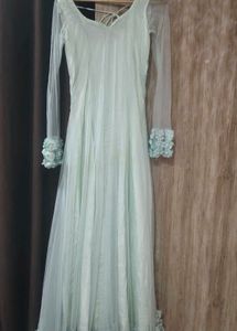 Elegant Mint Green Gown with Floral Sleeves