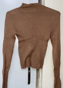 Brown Ribbed Mock Neck Sweater