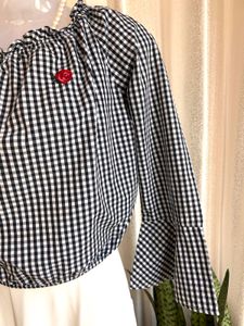 Imported Gingham Bell Sleeve Crop Top