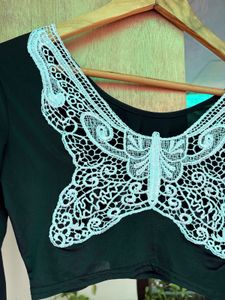 Chic Black Cropped Top with Lace Butterfly