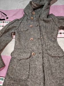 Gray Hooded Wool Blend Coat