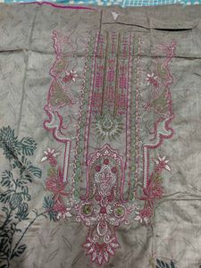 Beautiful Grey &amp; Pink Embroidered Cotton Suit