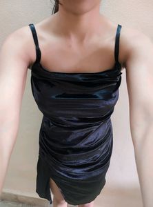 Short Black Dress With Slit And Ruched Detail