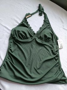 Green Ribbed Scalloped Bikini Top