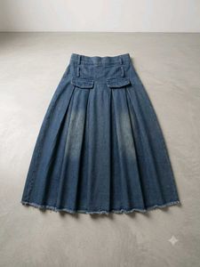 Pleated Denim Midi Skirt