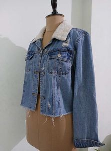Distressed Denim Jacket with Sherpa Collar