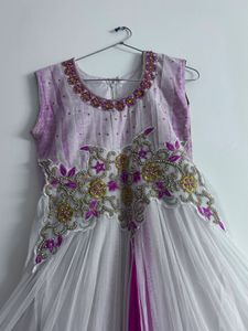 Elegant White &amp; Pink Embroidered Gown