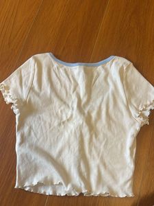 Cream &amp; Blue Button-Up Crop Top