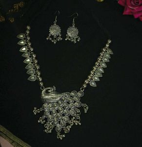 Silver Oxidized Peacock Necklace and Earring Set