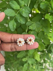 Pearl & Ruby Flower Stud Earrings