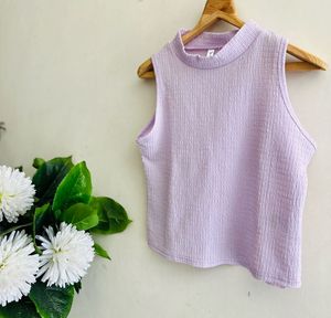 Lavender Ribbed Sleeveless High Neck Top | Size L