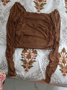 Brown Ruched Long Sleeve Top