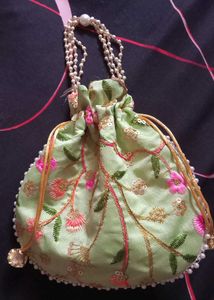 Embroidered Potli Bag with Pearl Handle