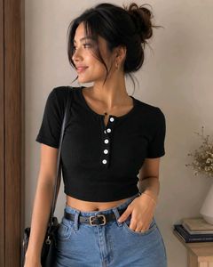 Ribbed Crop Top with Button Detail