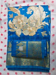 Vibrant Blue Saree with Gold Embroidery