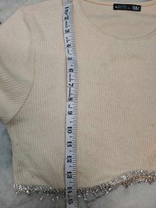 ZARA Cream Cropped Knit Top with Embellished Hem