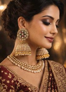 Stunning Pearl & Kundan Jhumka Necklace Set