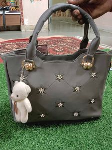 Stylish Gray Handbag with Teddy Charm