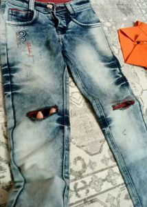 Orange Polo Tee &amp; Distressed Jeans Set