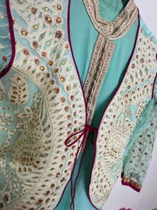 Beautiful Teal Kurta Set with Embellished Jacket